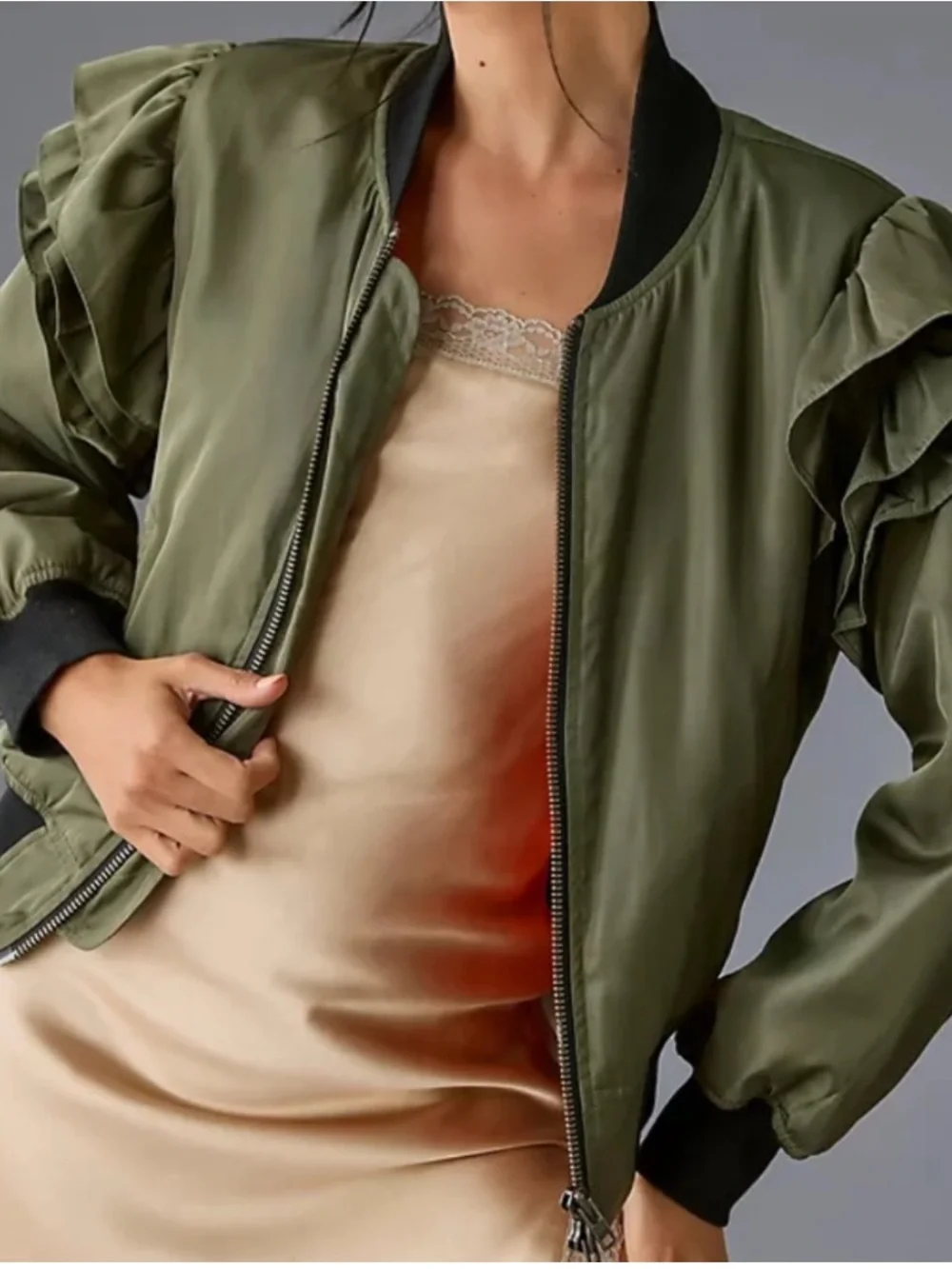 MABLE Anthropology Olive Bomber Jacket with Black Trim and Orange Lining Jacket - Picture 2 of 10